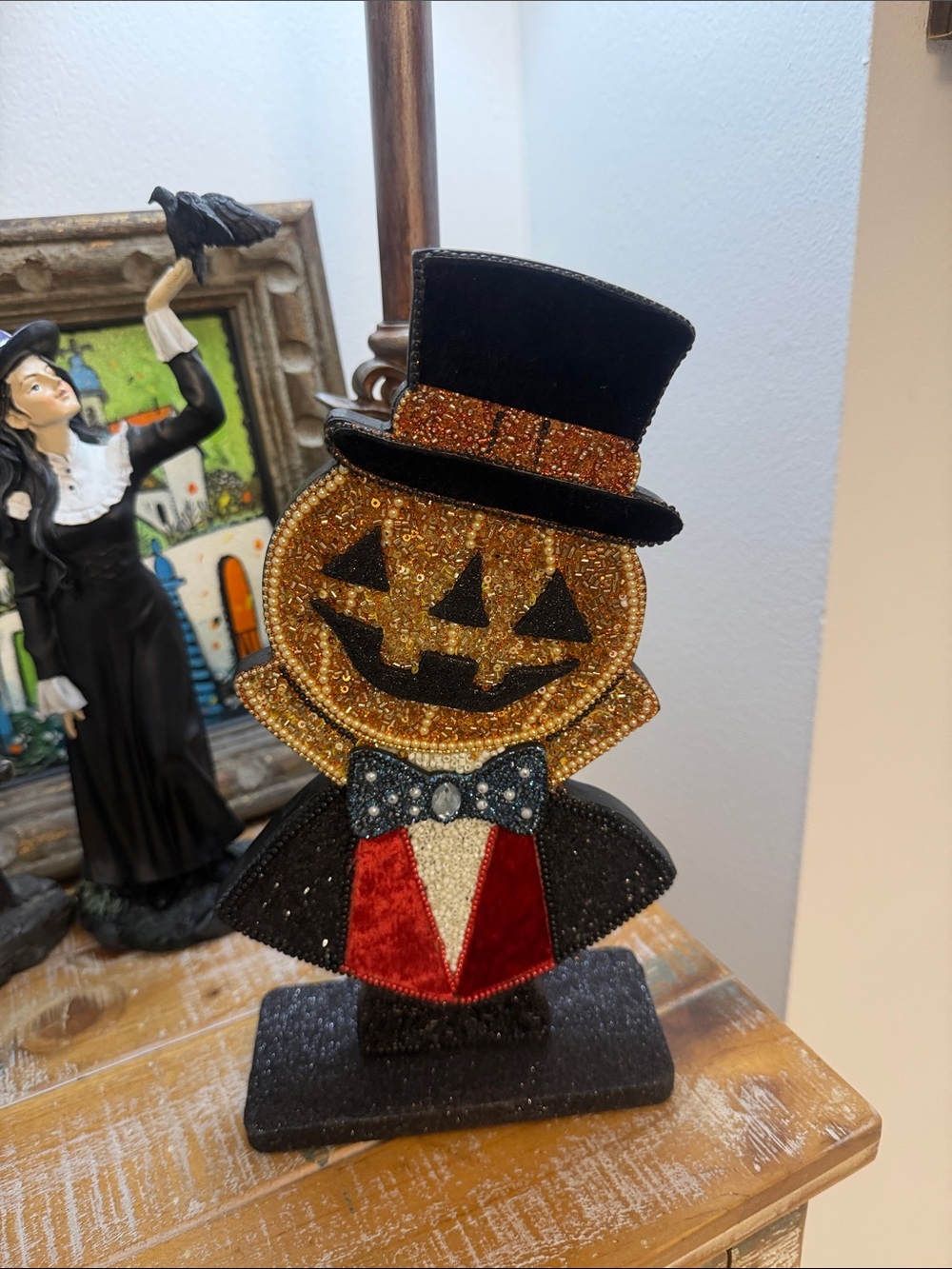 Glitter Jack-O'-Lantern Top Hat Figurine Black & Orange/Red/Blue Holiday Decor